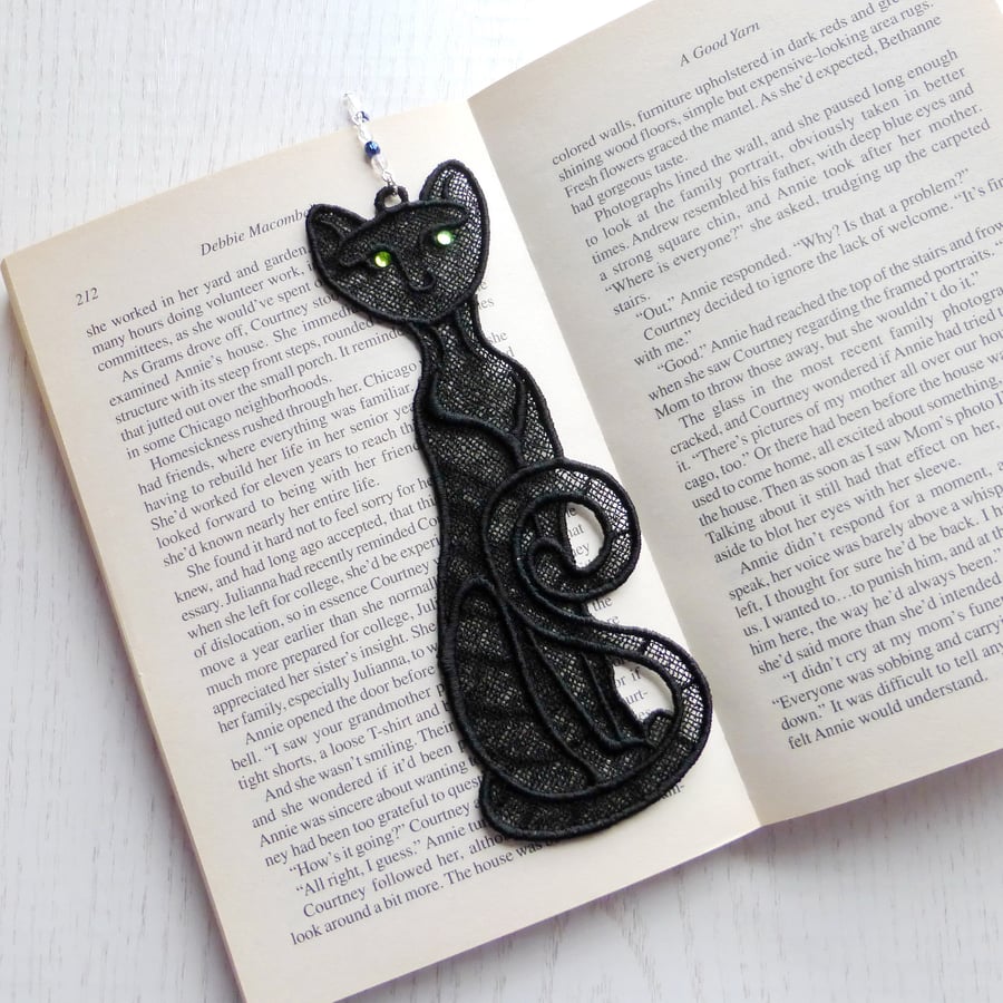 Cat Bookmark, embroidered lace