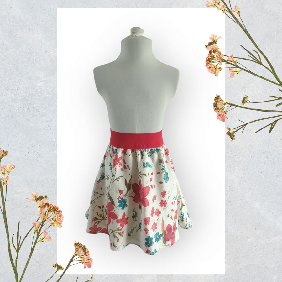 Flower Print Linen Skirt with Wide Elastic Waist. Age 4-6yrs