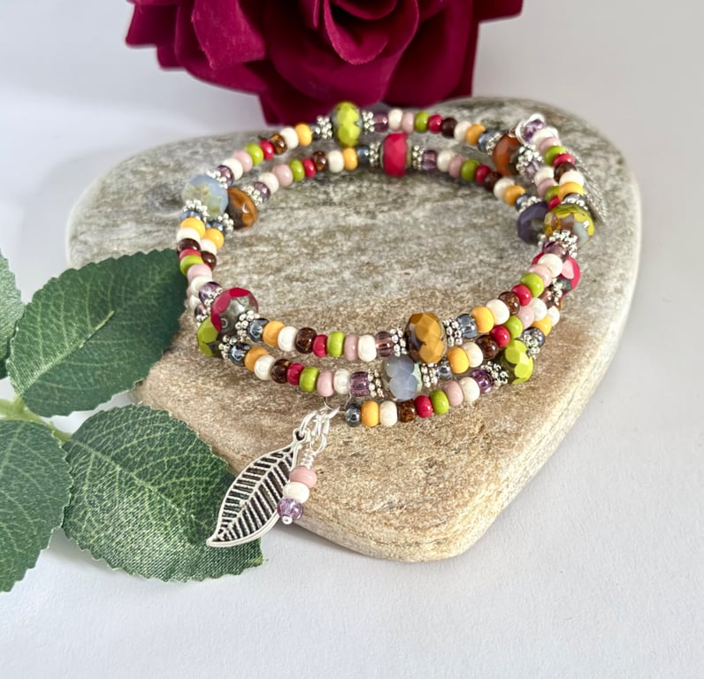 Colourful handmade Czech glass memory wire wrap bracelet in warm summer shades