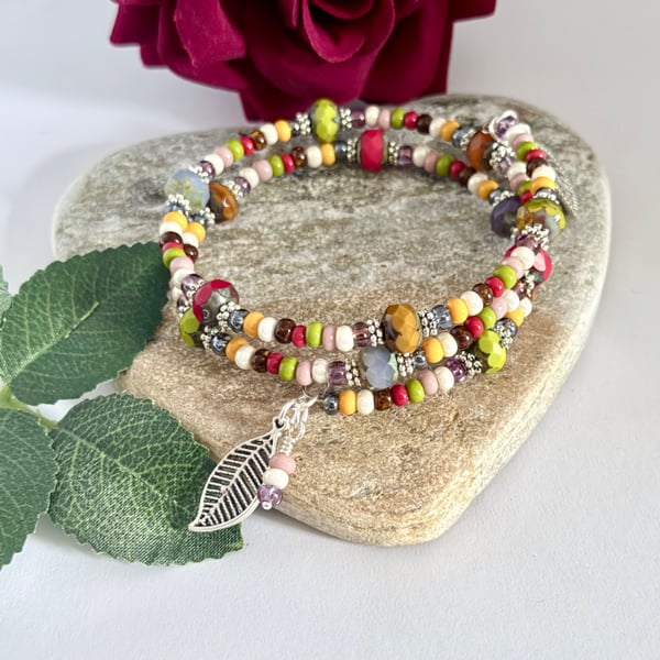 Colourful handmade Czech glass memory wire wrap bracelet in warm summer shades