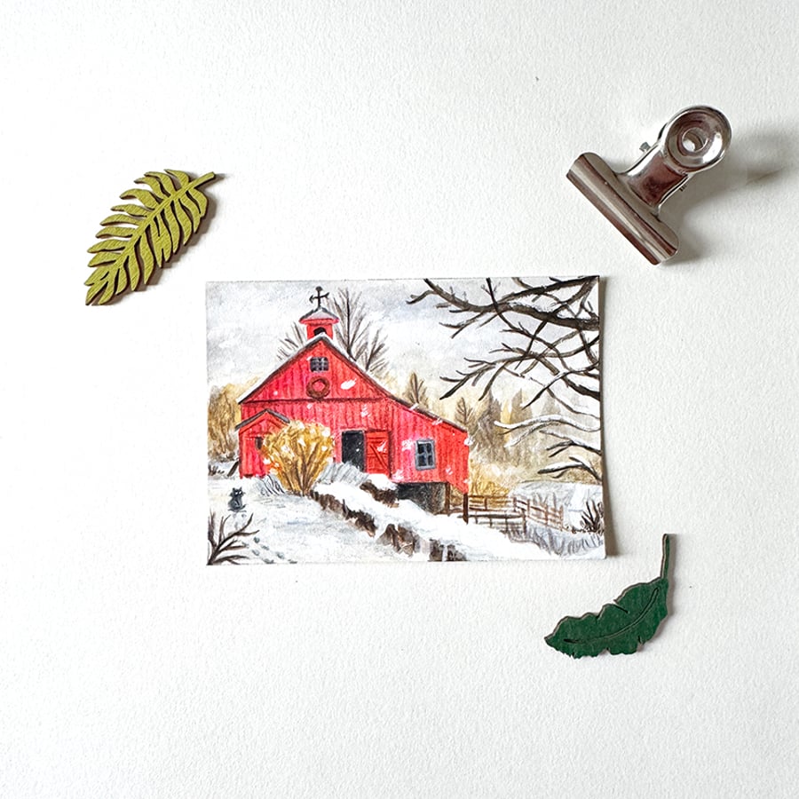 Winter Red Barn Miniature Original ACEO painting - One of a kind