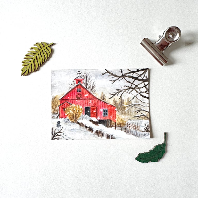 Winter Red Barn Miniature Original ACEO painting - One of a kind
