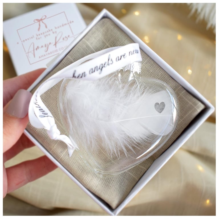 Heart Print Memorial Feather Bauble, Heart Glass Christmas Ornament, Remembrance