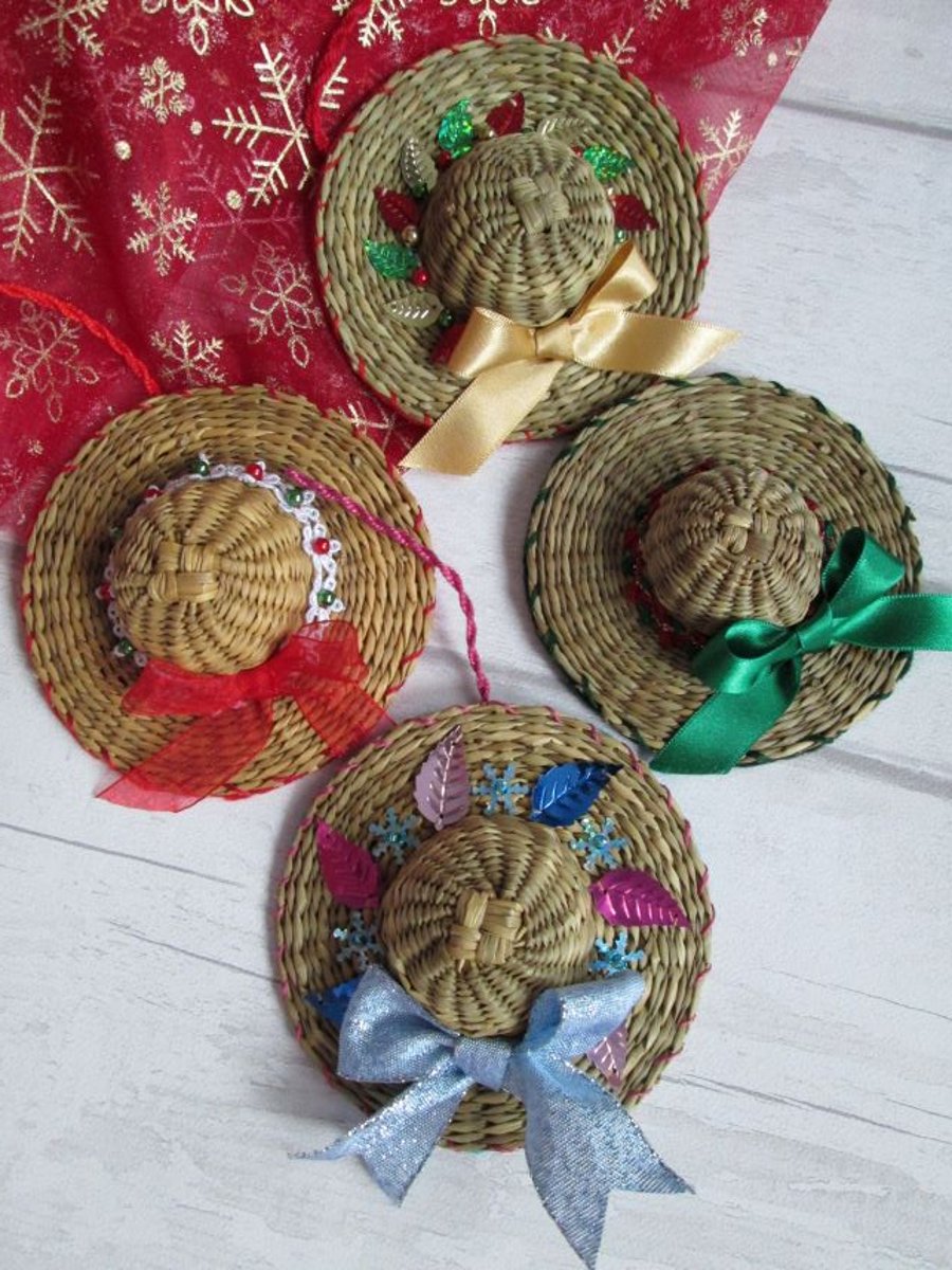 Set of 4 Christmas Hat Decorations, Small Christmas Hats