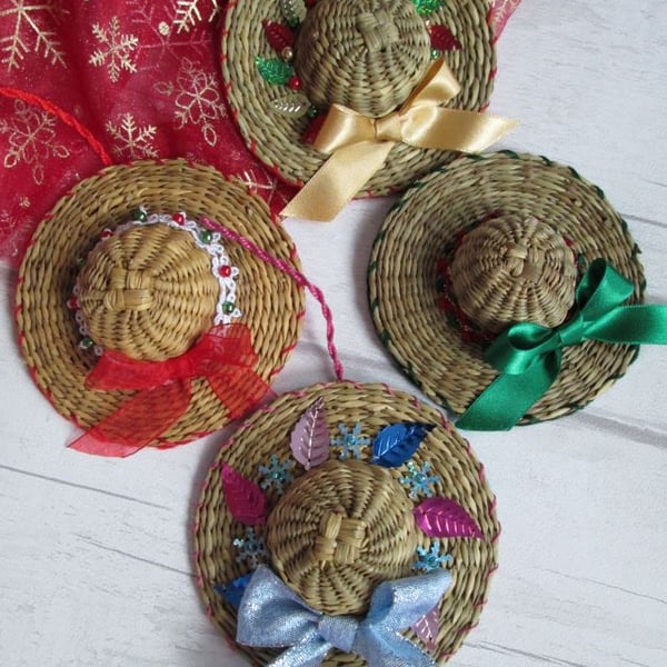 Set of 4 Christmas Hat Decorations, Small Christmas Hats