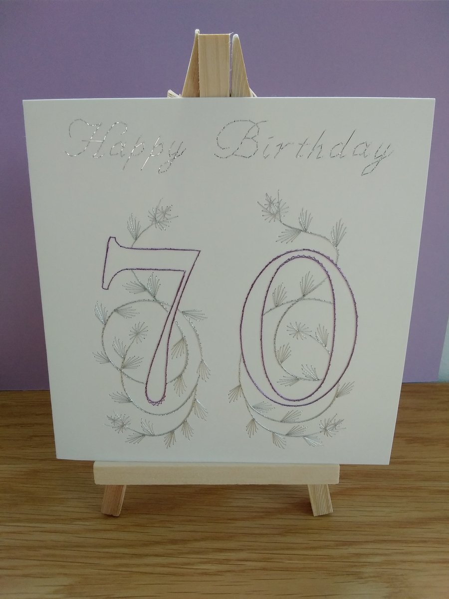 Hand Embroidered 70th Birthday Card.