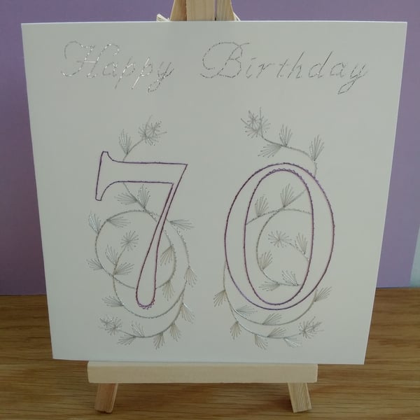 Hand Embroidered 70th Birthday Card.