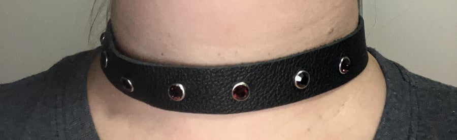 Black Leather Choker with 7 Dark Pinkish Purple Gemstones (custom sized 14"-16")