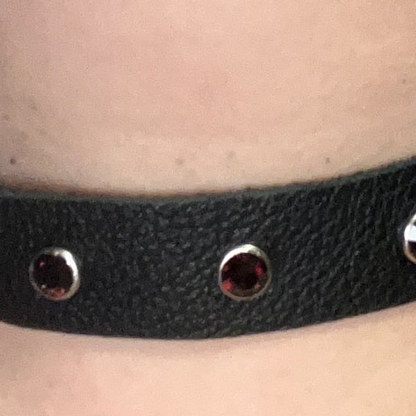 Black Leather Choker with 7 Dark Pinkish Purple Gemstones (custom sized 14"-16")