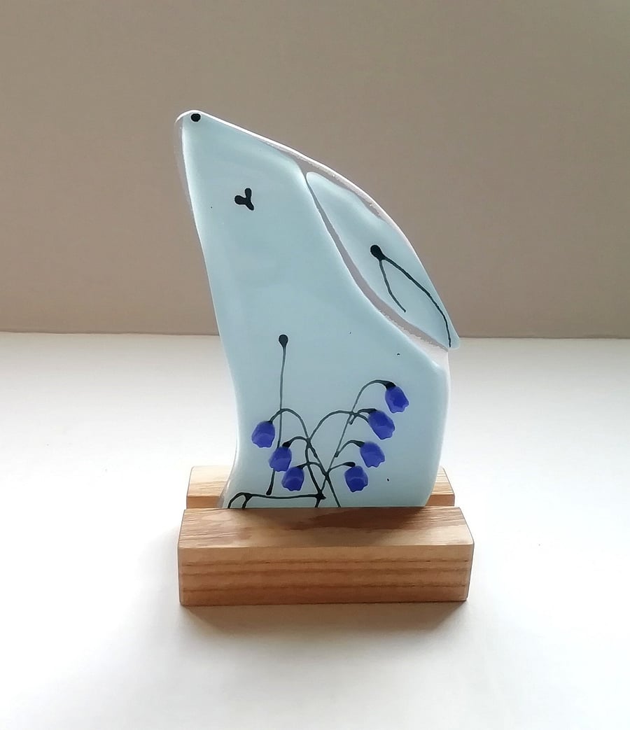 Bluebell Fused Glass Hare: Folk Art Moongazing Sculpture