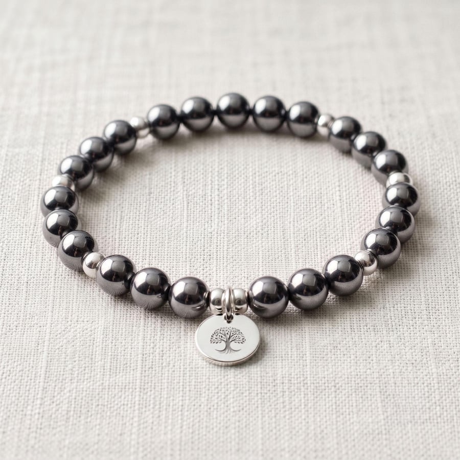 Hematite Crystal Bracelet, Grounding & Protection, Personalised Engraved Gift