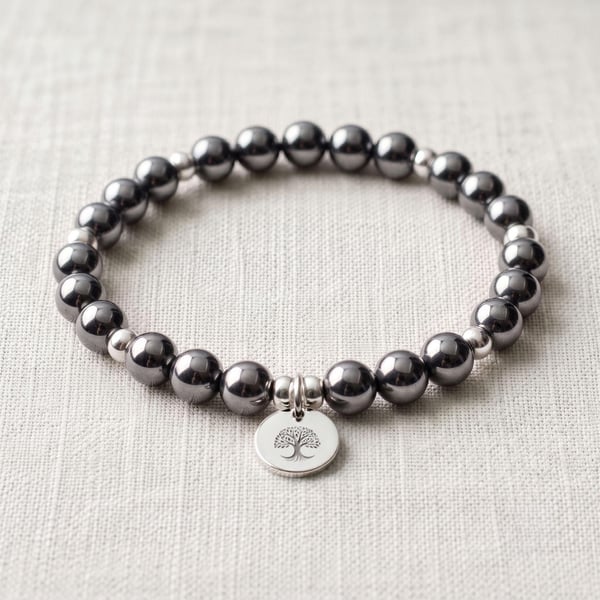 Hematite Crystal Bracelet, Grounding & Protection, Personalised Engraved Gift