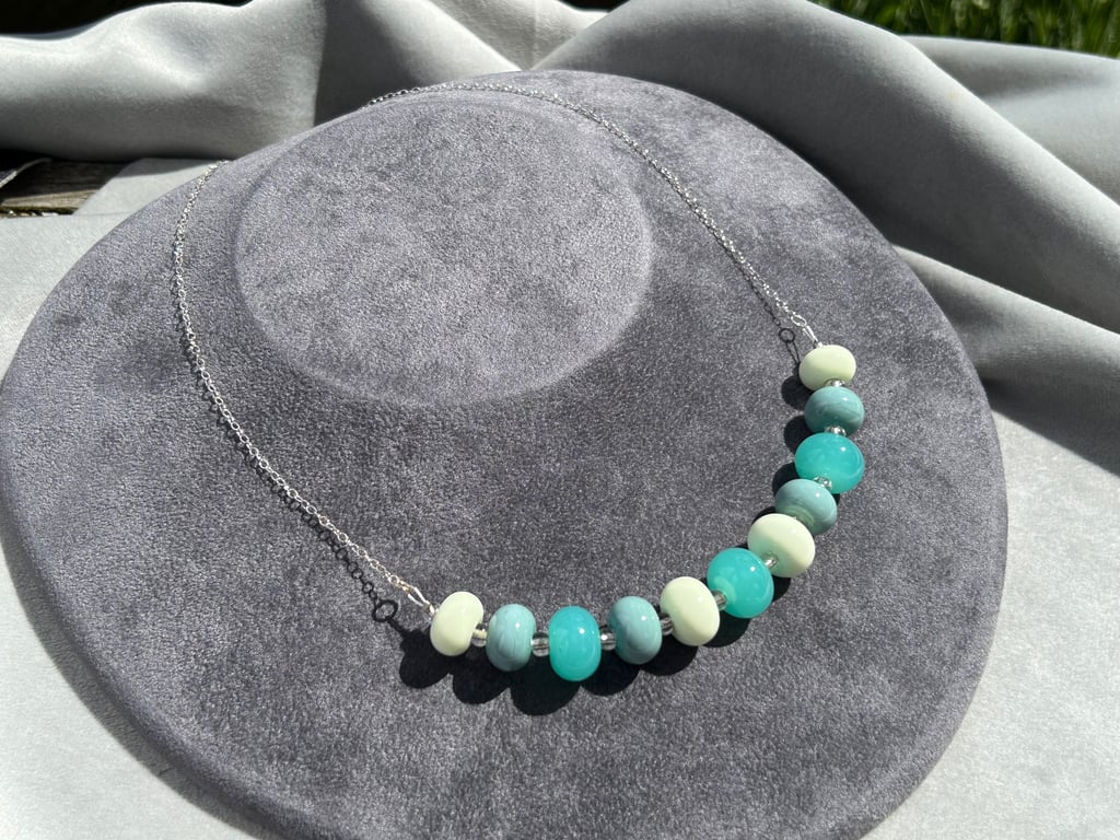 green and blue lampwork glass beaded necklace