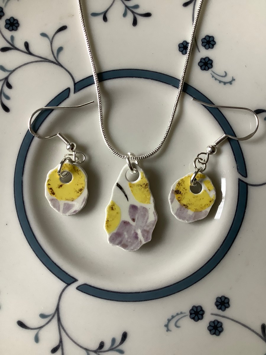 Handmade Earrings and Necklace Set, Unique Jewellery, Broken Ceramic