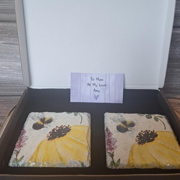 Slate Floral Bee Coasters, Hand Painted