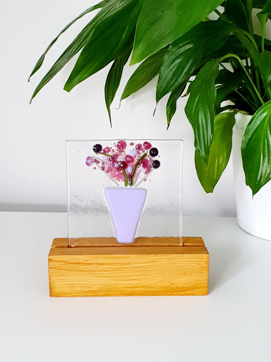 Fused Glass 'Everlasting Flowers in a Vase' on a Wooden Stand