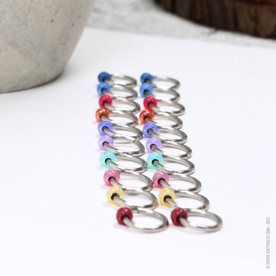 Jewel Beaded Ring Stitch Markers - Rainbow Jewel - Pack of 20 For Knitting
