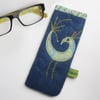 Denim blue wool felt glasses case with peacock appliqué 