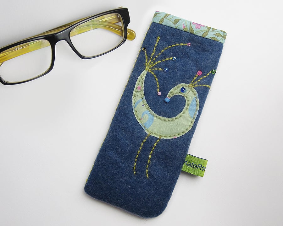 Denim blue wool felt glasses case with peacock appliqué 