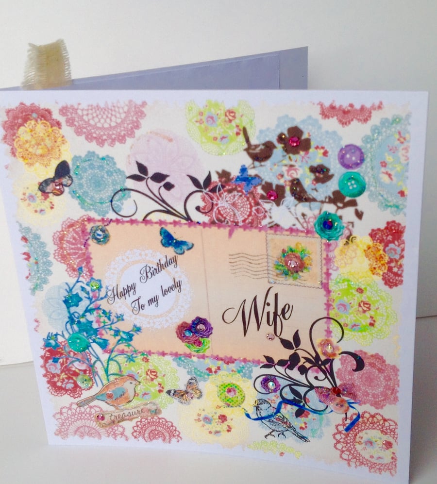 Birthday Card Wife,Printed Patchwork,Handmade Greeting Card,Personalised.