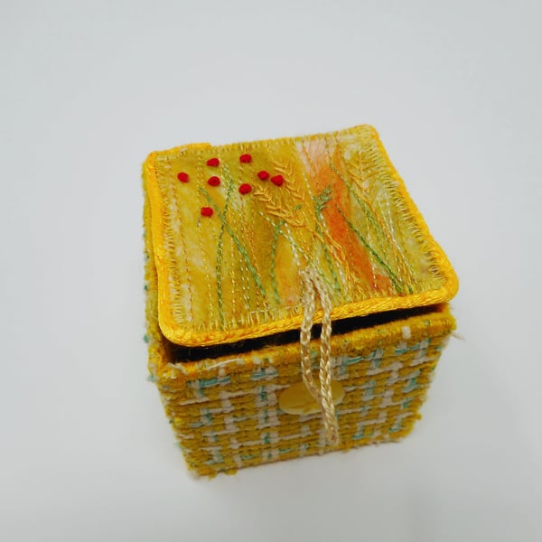 Handmade textile keepsake box with needle felting and hand embroidery 