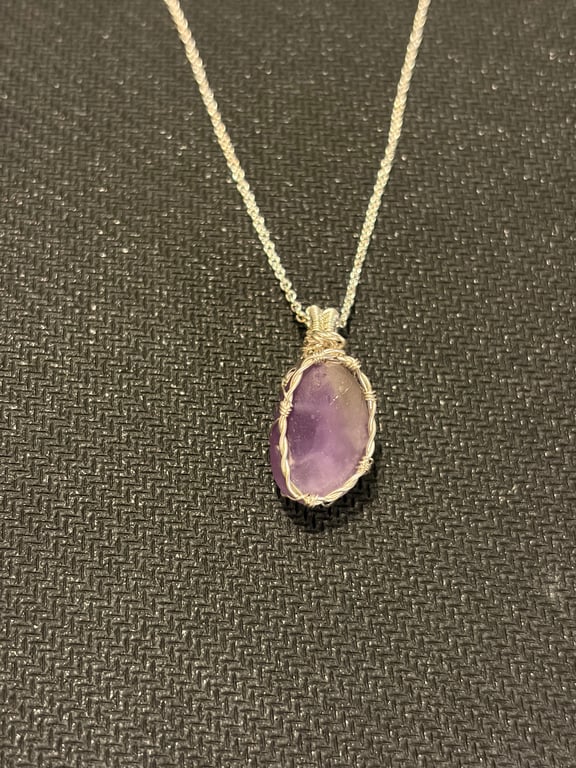 Scottish Purple & White Sea Glass Pendant – Handmade Wire Wrapped Necklace