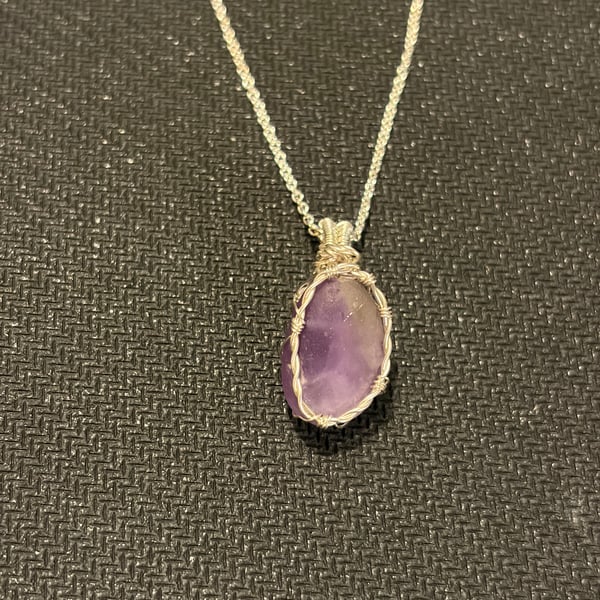 Scottish Purple & White Sea Glass Pendant – Handmade Wire Wrapped Necklace