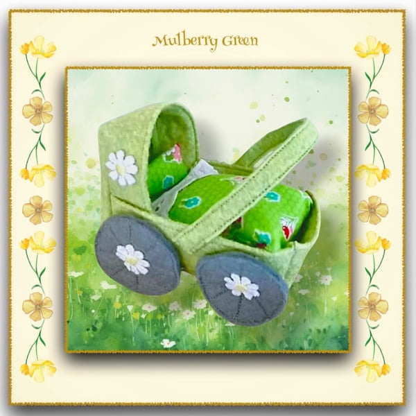 A Pretty Green Felt Pram for the baby Pip Squeaks and Cotton Tails