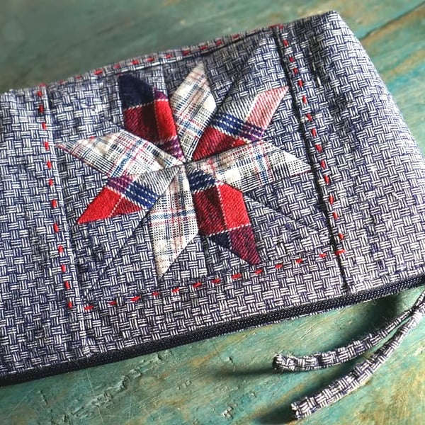 Star Patchwork Makeup Bag, Handmade Fabric Pouch, Vintage Fabric Bag
