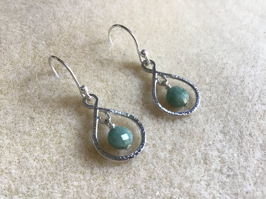 Jadeite gemstone Sterling silver hand crafted teardrop shaped earrings
