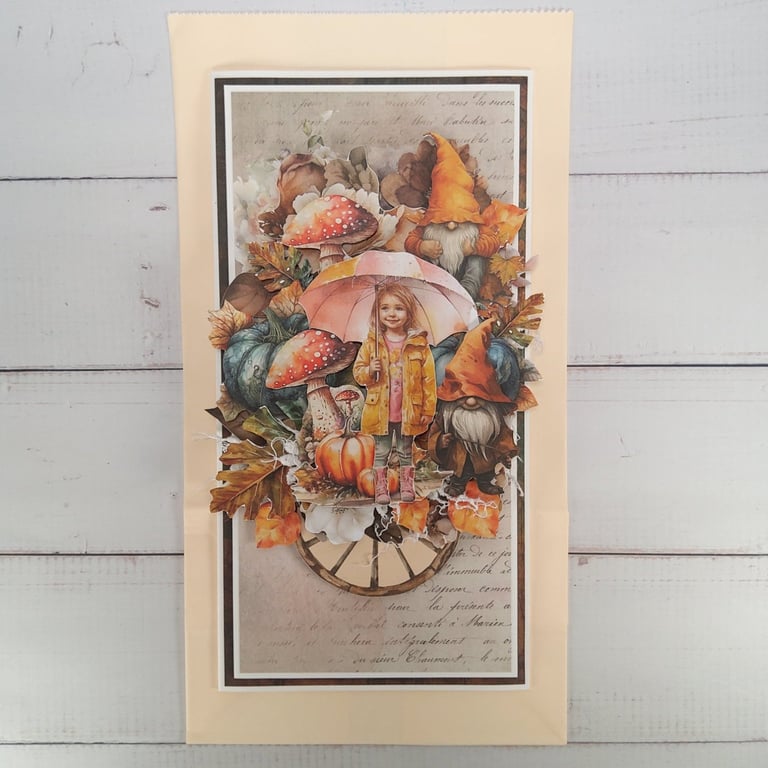 Handmade Autumn Card - Whimsical 3D Fall Card with Girl, Gnomes, Pumpkins (110).
