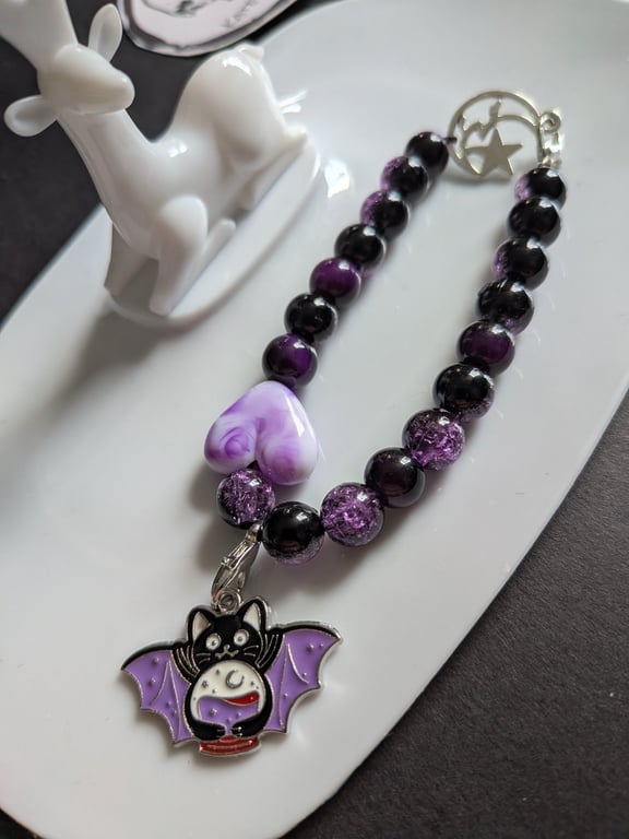 Purple&black beaded bracelet with heart and bat