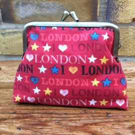 Love London red purse, handbag tidy, kiss clasp metal frame purse, coin purse