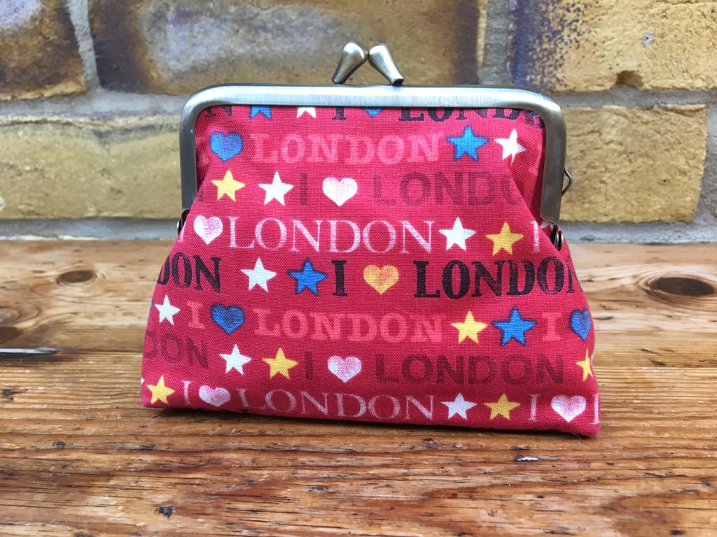 Red coin purse, Metal frame purse, Love London fabric, Handbag tidy
