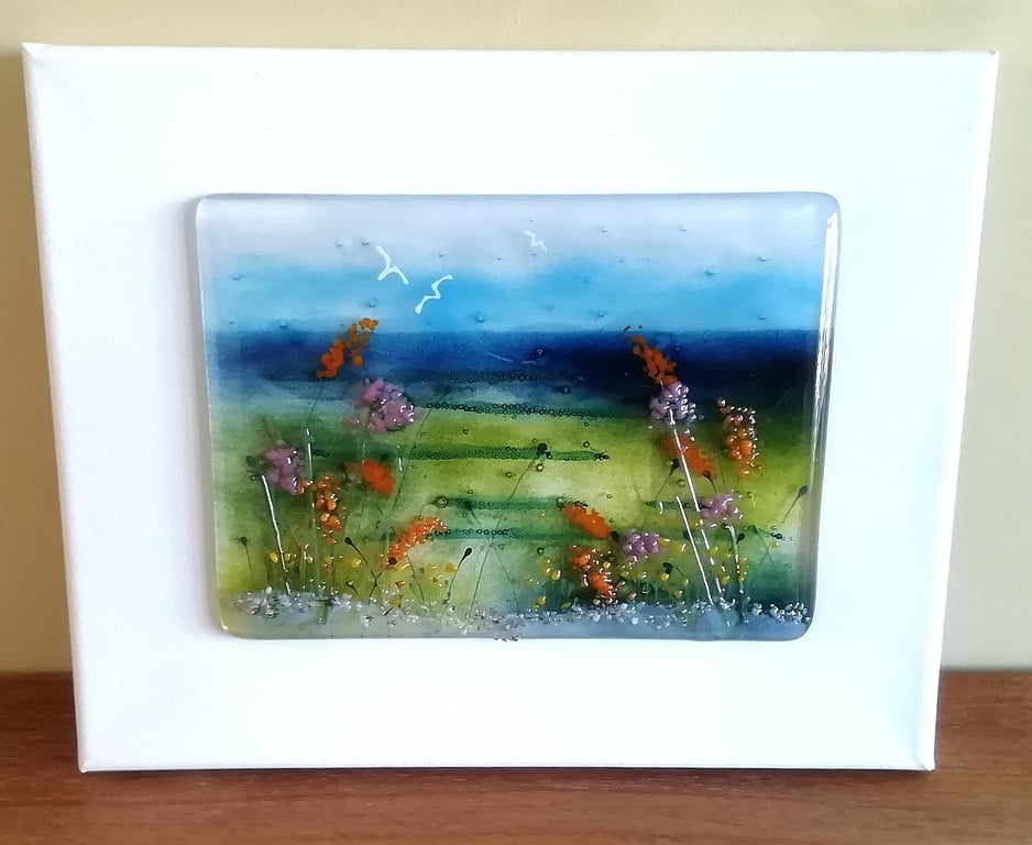 Fused Glass Seascape Art: Coastal Landscape on Stretched Canvas