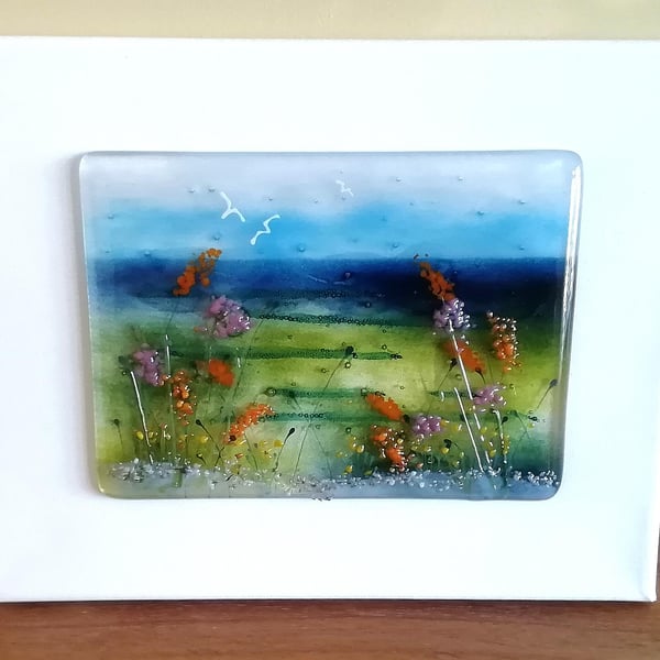 Fused Glass Seascape Art: Coastal Landscape on Stretched Canvas