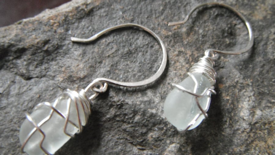 Clear Sea Glass Wire Wrapped Earrings