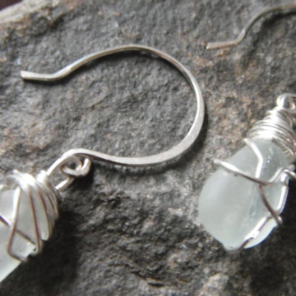 Clear Sea Glass Wire Wrapped Earrings