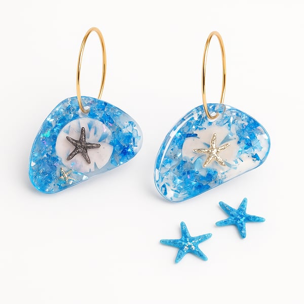 Blue Starfish Resin Hoop Earrings – Ocean Glitter Dangle