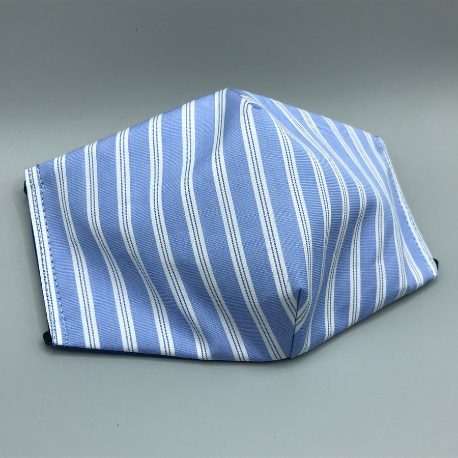 Blue and White Striped Triple Layer Face Mask. Double Sided. Cotton Fabric.