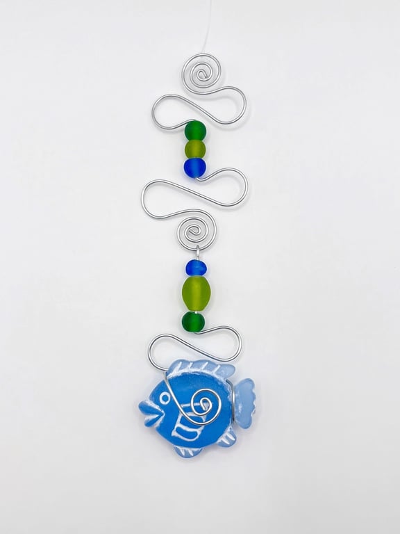 Blue Fish and Wire Mobile with Green and Lime Glass Beads