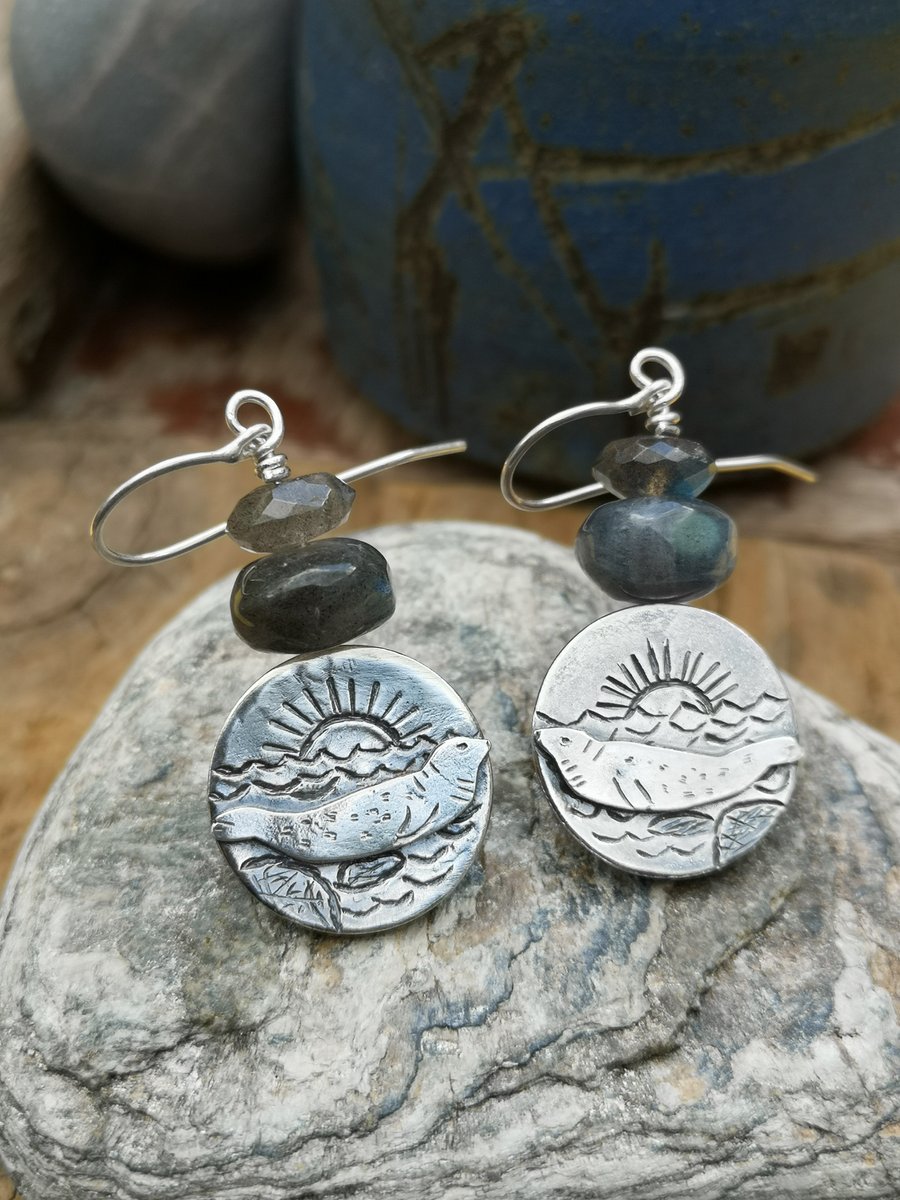 Seal Earrings with labradorite stones