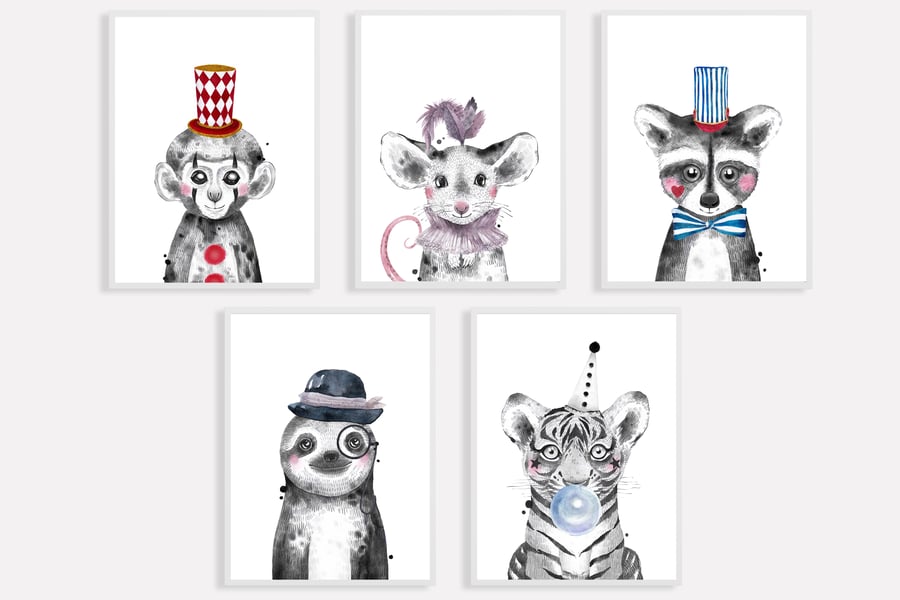 Watercolour  circurs animals nursery prints, circus animals wall decor