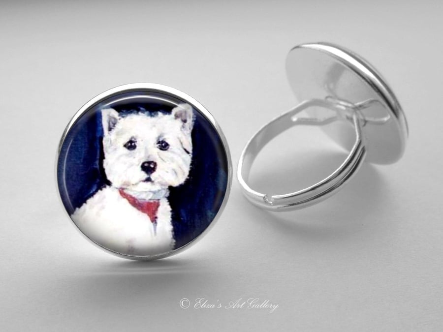 Silver Plated West Highland Terrier Dog Art Glass Cabochon Ring