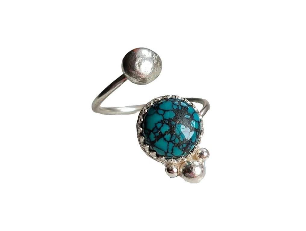 Hubei Turquoise Adjustable Ring Sterling Silver Jewellery Gift Handmade