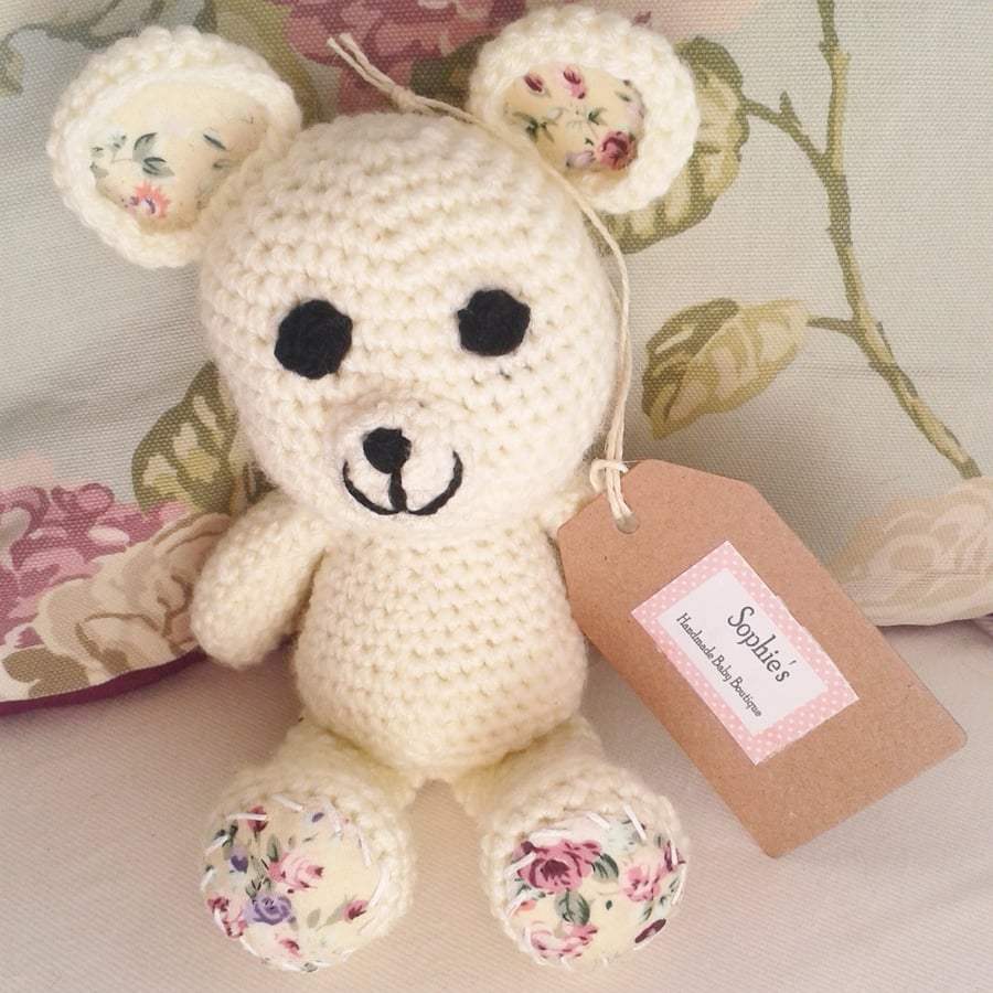 Cream & floral teddy  bear, baby gift  nursery decoration, gift for children
