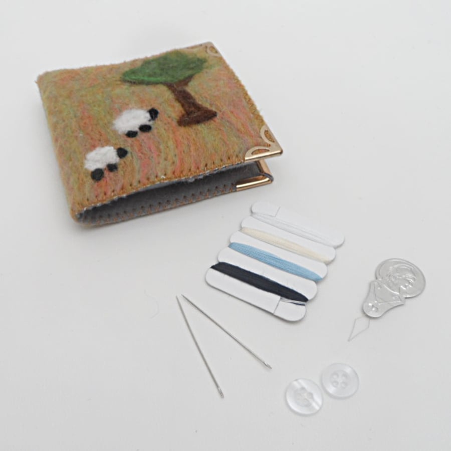 Felted sheep needle case, sewing kit (with accessories)