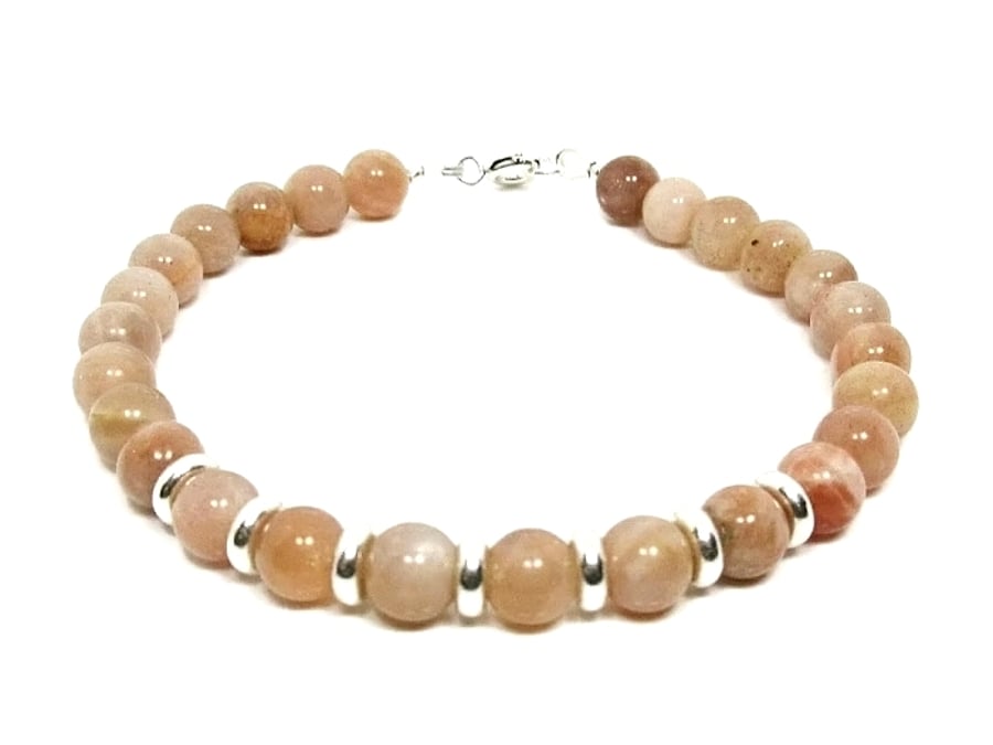 Peach Pink Sunstone Bracelet With Sterling Silver Beads
