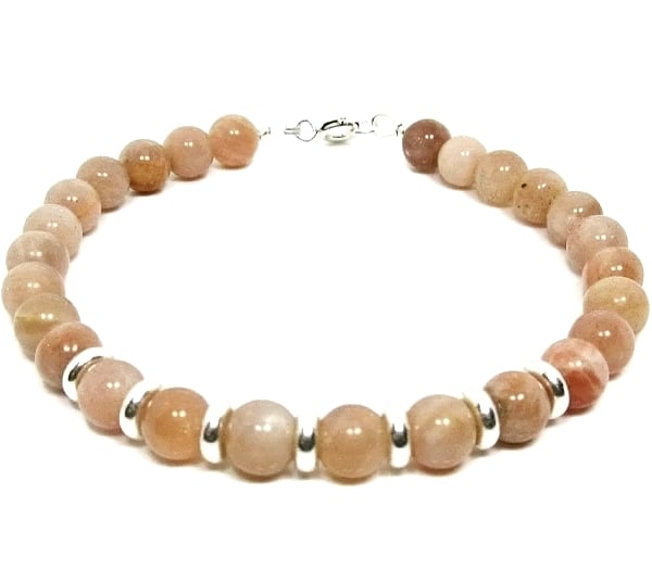 Peach Pink Sunstone Bracelet With Sterling Silver Beads