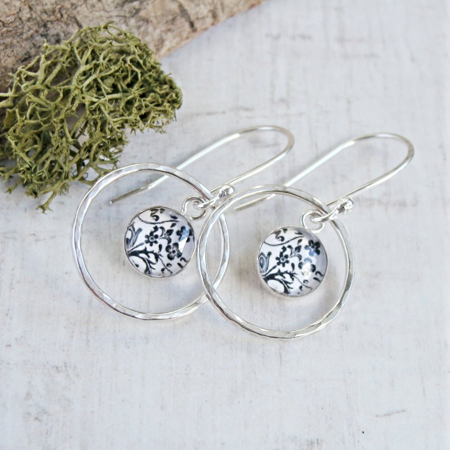 Floral Art Charm Dangly Earrings With Sterling Silver Circle Loops